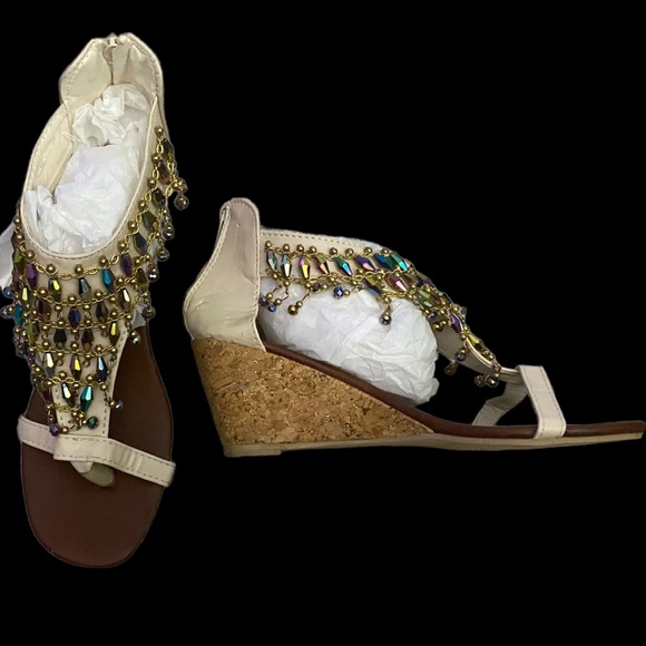 Beaded Wedge Heel Bohemian Sandals Shoes - Picture 4 of 16